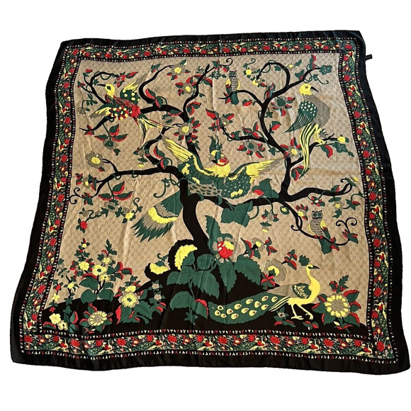 STUNNING Designer ADQ Festive Scarf Birds Owls Trees Flowers Black Red Yellow - Picture 2 of 10